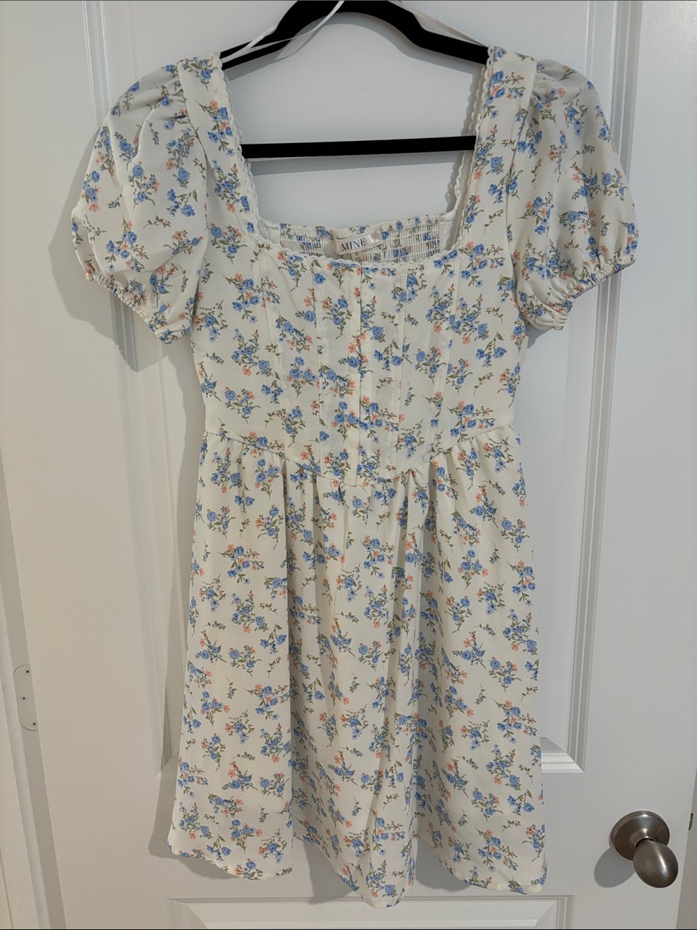 mine Cream Floral Mini Dress with Blue & Orange Blooms